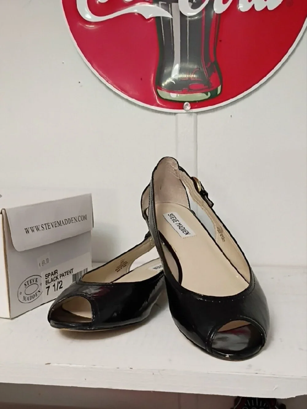 Steve Madden Black Patent Slingback Flats with Gold Buckle Accent